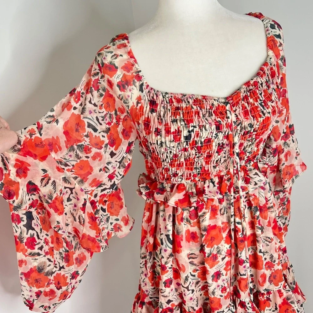 MISA Los Angeles Asra Red Floral Puff Sleeve Dress S - Picture 2 of 8